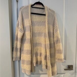 DREAMERS Cozy Striped Open-Front Fuzzy Knit Cardigan - Cream & Light Gray